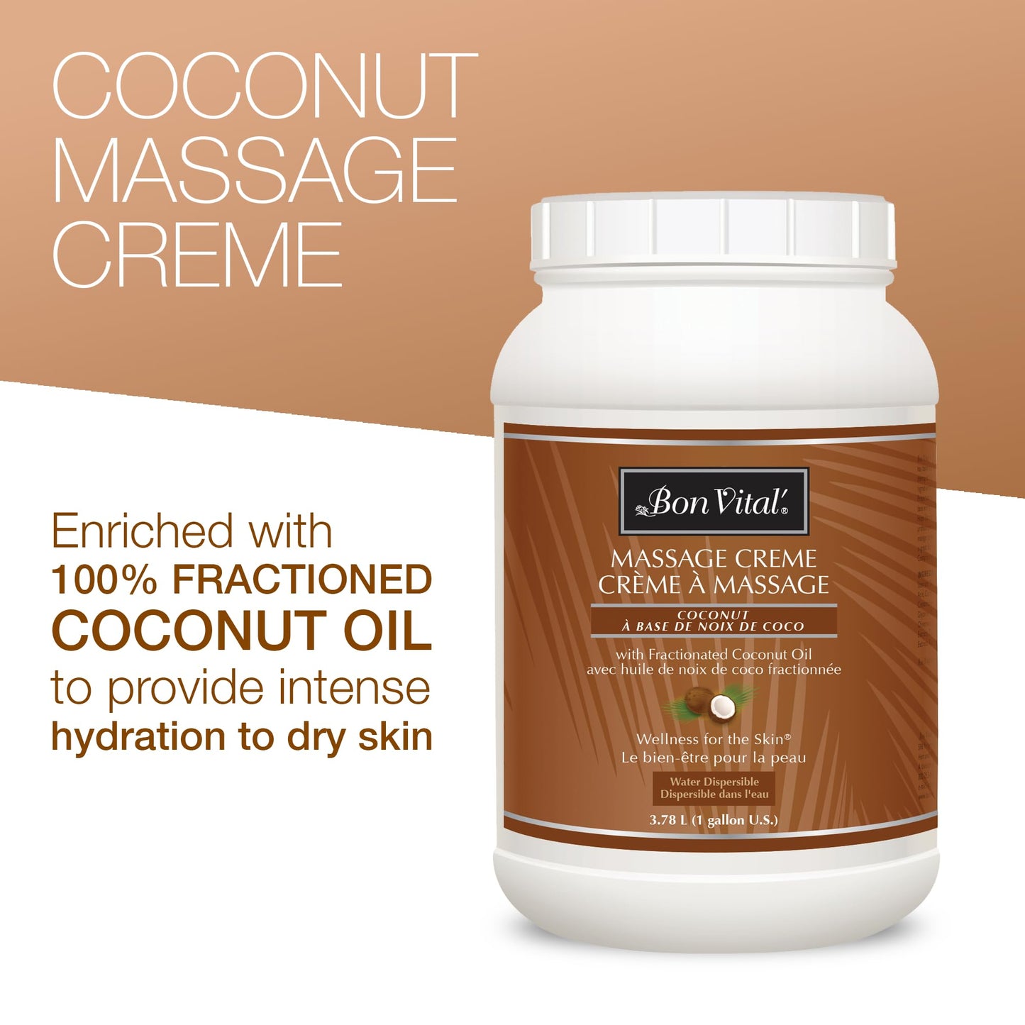 Bon Vital' Coconut Massage Crème Made with 100% Pure Fractionated Coconut Oil, Massage Cream & Moisturizer to Repair Dry Skin, No Greasy Feel, Anti-Aging Cream for Professional Massage, 1 Gallon Jar