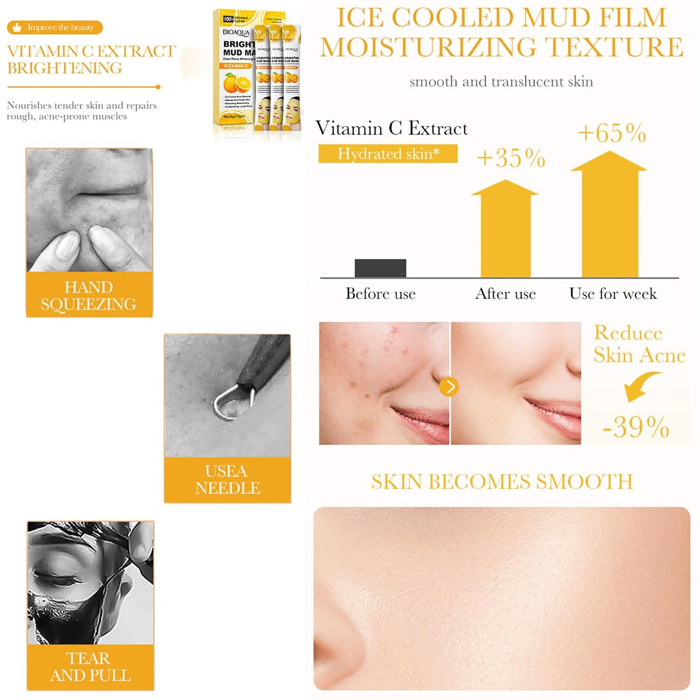 BIOAQUA Vitamin C Mud Facial Mask Sweet Orange Moisturizing Clean Pores Oil Control Face Skin Refreshing 8gx 10pcs