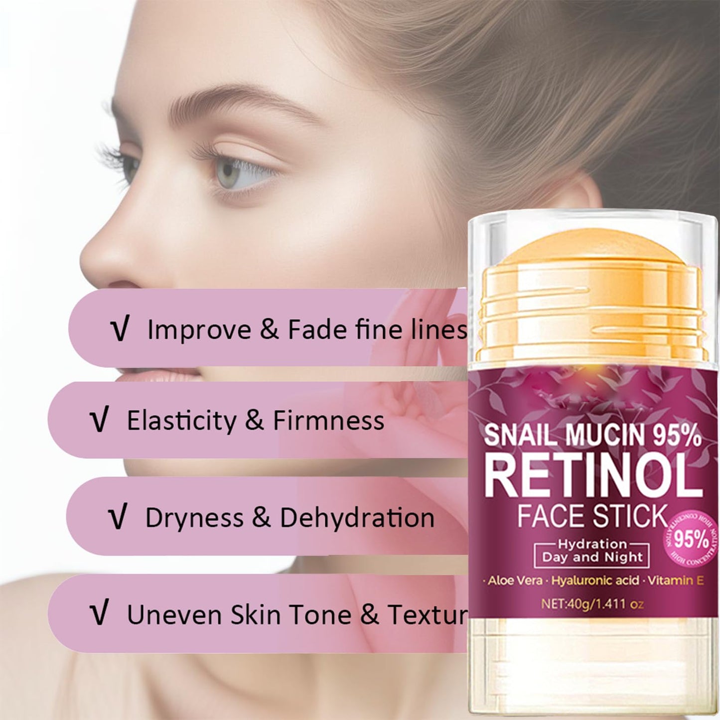 Retinol Face Stick, Hyaluronic Acid Face Moisturizer with 95% Snail Mucin Lifting & Firming Anti Wrinkle Facial Moisturizer Balm Stick Deep Hydration Anti Aging Repair Cream for All Skin Types 1.41oz
