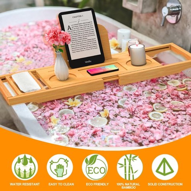 Premium Bamboo Bathtub Tray Caddy - Bath Tray - Bath Tub Tray Table for Bathtub - Bath Caddy Tray for Bathtub, Expandable Size, Fits Most Bath Tubs