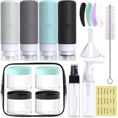 GLAMFIELDS Travel Bottles for Toiletries,TSA Approved 3.3oz Size LeakProof Silicone Toiletry Containers for Shampoo, Conditioner,Easy to Squeeze，Portable Travel Essentials for Lotion(18 Pack) Gray