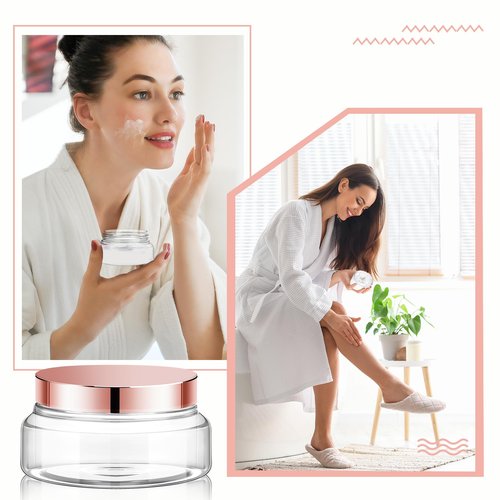 Tessco 24 Pack Plastic Jars with Lids Labels Plastic Containers Round Refillable Cosmetic Containers Empty Body Butter Jars Sugar Scrub Containers for Cosmetics (Clear, Rose Gold,5 oz)