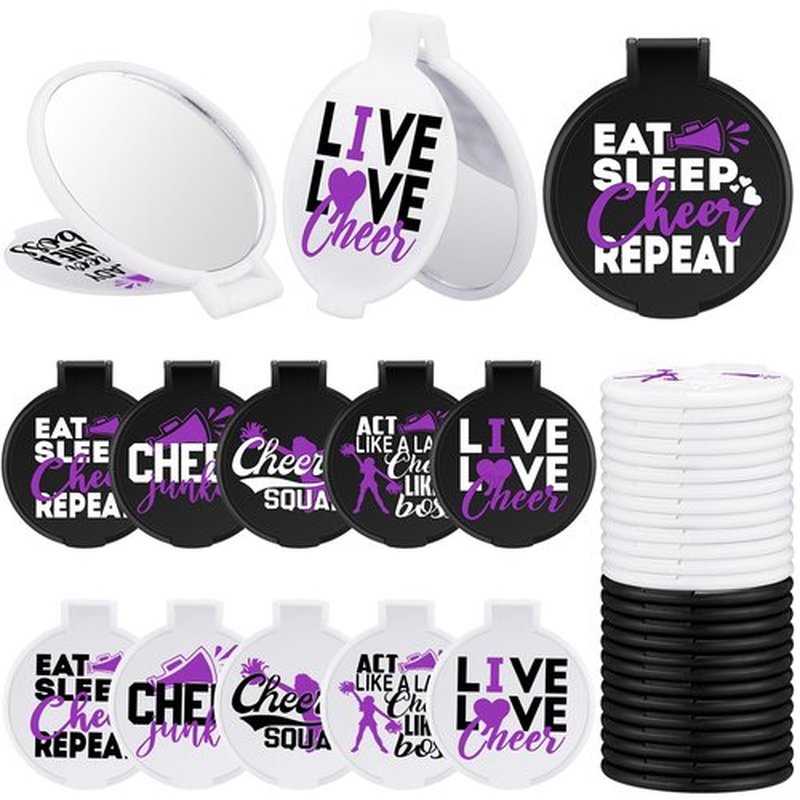 Wenqik 50 Pcs Cheerleader Mirror Gifts Cheerleading Compact Mirror Bulk Folding Pocket Mirror Cheer Party Favors for Team(Purple Cheer)