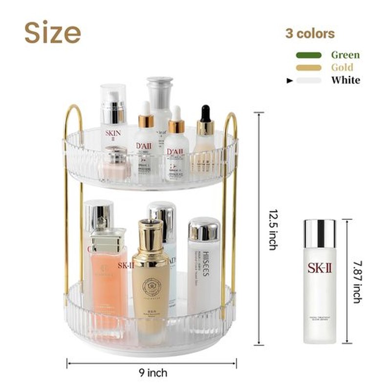 Rotating Makeup Organizer for Vanity, Skincare Make Up Storage Perfume Organizers for bathroom countertop, Clear Cosmetic Organizer for Dresser, Lipstick Hair product Spinning Stand Organizer (2 Tier,