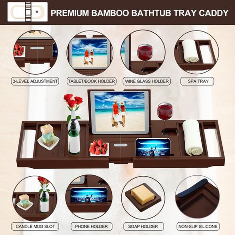 Premium Bamboo Bathtub Caddy Tray - Bath Tray - Bath Tub Tray Table for Bathtub - Expandable Size, Fits Most Bath Tubs - Brown