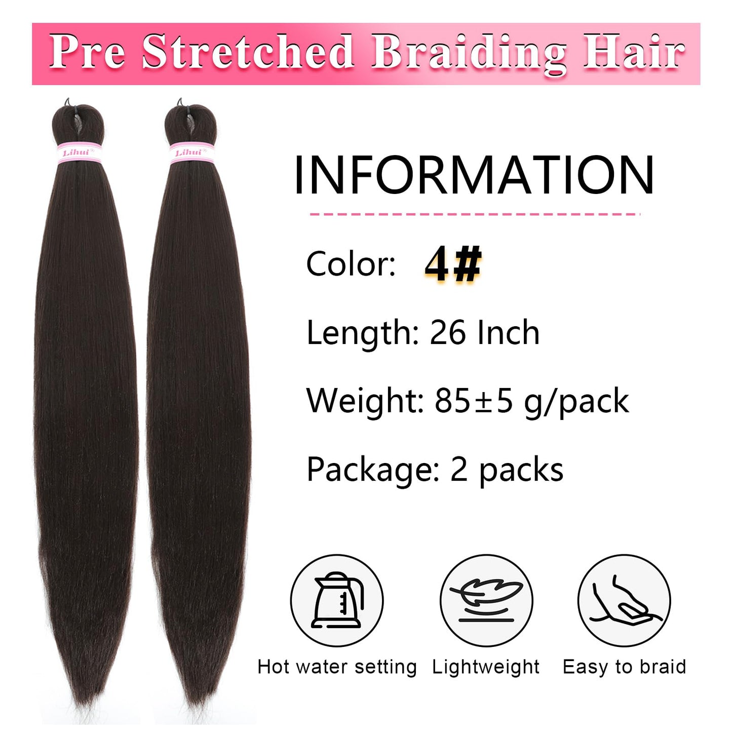4 Braiding Hair Pre Stretched 26 Inch 2 Packs Pre-stretched Braiding Hair Extensions for Braids 4 Braiding Hair Color Yaki Texture Hot Water Set Synthetic Bundles(#4, 2 Packs, 26 Inch)