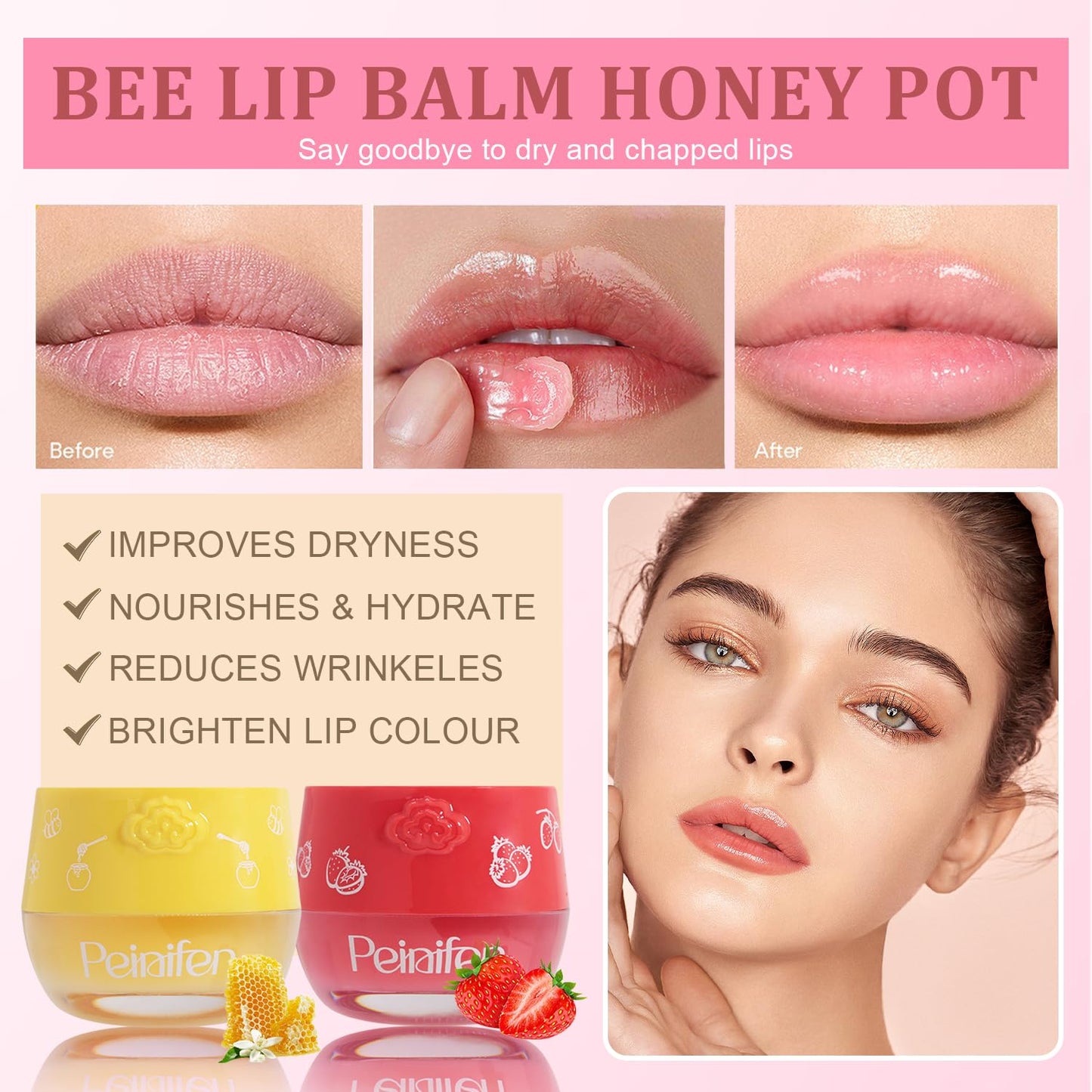 New 4 PCS Bee Lip Balm Lip Mask Honey Pot,Propolis Sleeping Lip Mask Overnight Moisturizing Lip Balm with Stick,Hydrating Prevention Dry and Cracked,Reduce Lip Lines,Fruit Lip Scrubs Exfoliator.