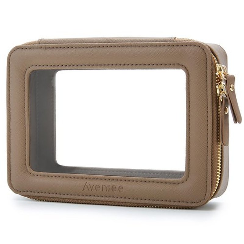 Aveniee Clear Makeup Bag for Women, Clear Cosmetic Case Travel Toiletry Bag, Heavy Duty Make up Bag Organizer with Clear Windows & Gold Zippers(Taupe)