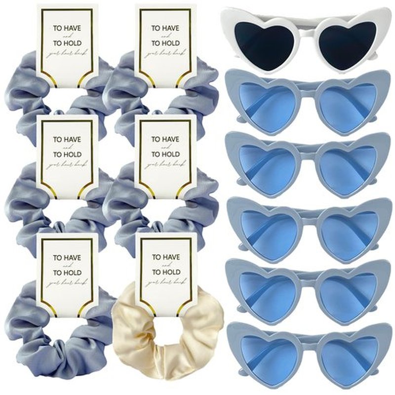 HHENGDAS Satin Bridesmaid Scrunchies Set of 6 Bachelorette Heart Sunglasses Hair Ties Bridal Shower Gift for Wedding Bachelorette Party Favors Bridesmaid Proposal Gifts (Off-white/White& Dusty Blue)