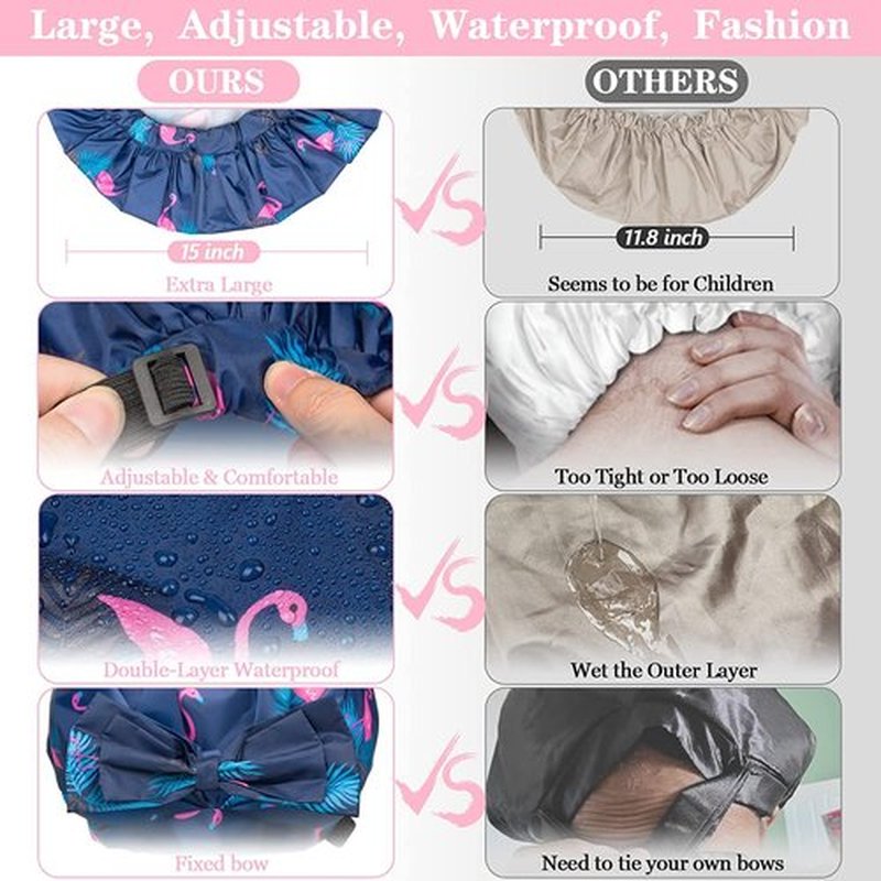 2 PCS Shower Caps, Reusable & Extra Large & Adjustable & Double Layer Waterproof Bow Knot Hair Reusable Cap for Women, Waterproof Outer & EVA Lining, for Shower, Spa, Makeup