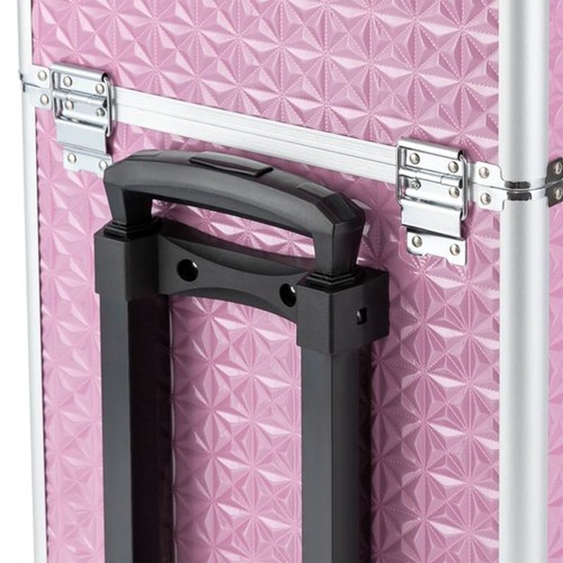 Rolling Makeup Train Case with Drawers, Cosmetic Travel Trolley, Storage Sliding Drawer 4 Tray Cosmetics Beauty Organizer Lockable Luggage Trolley w/Wheels for Makeup/Nail Art/Hair Styling (Pink)