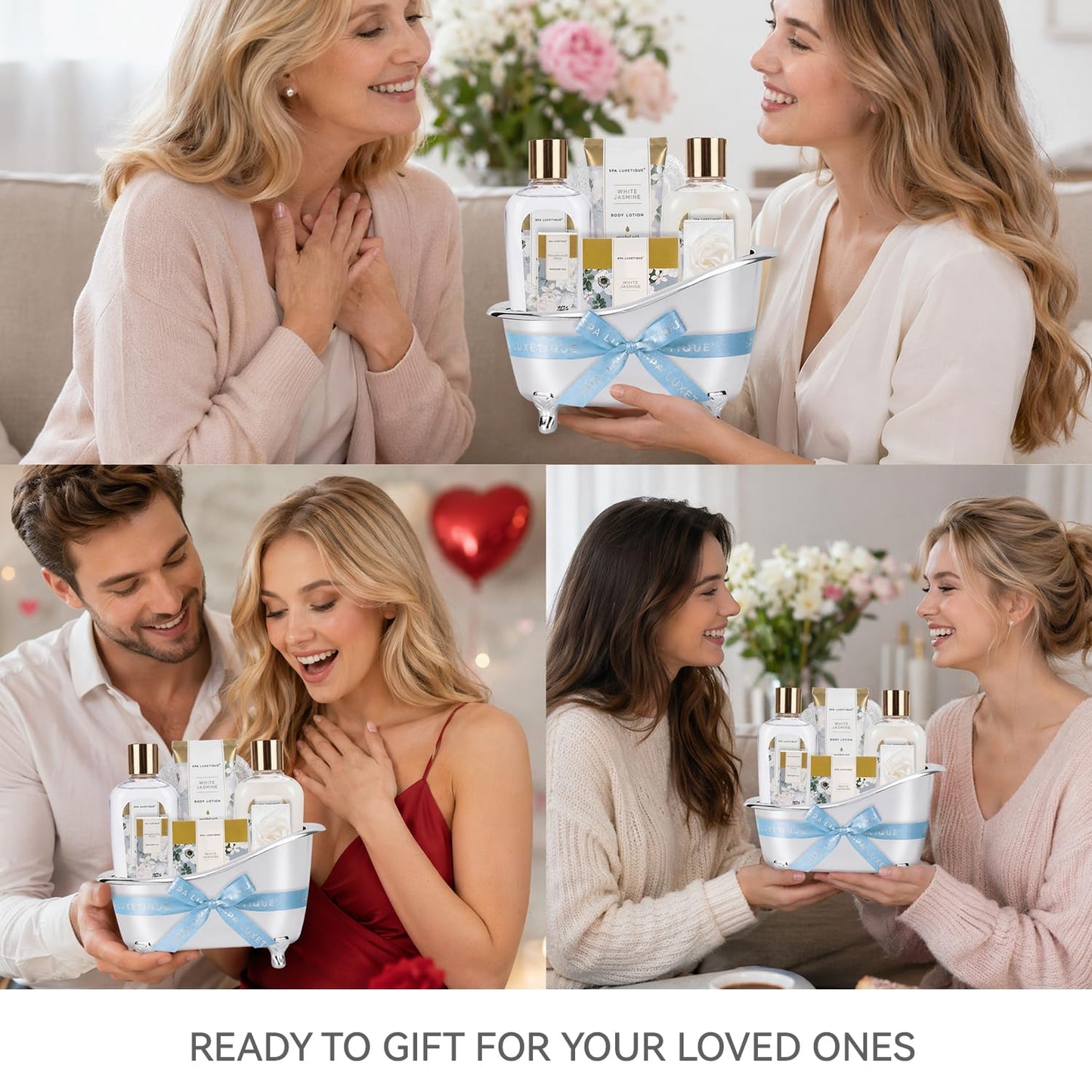 Spa luxetique 8pcs Jasmine Gift Set for Women, Spa Gift Baskets Bath and Body Gifts with Shower Gel, Bubble Bath, Birthday Anniversary Christmas Gifts for Mom