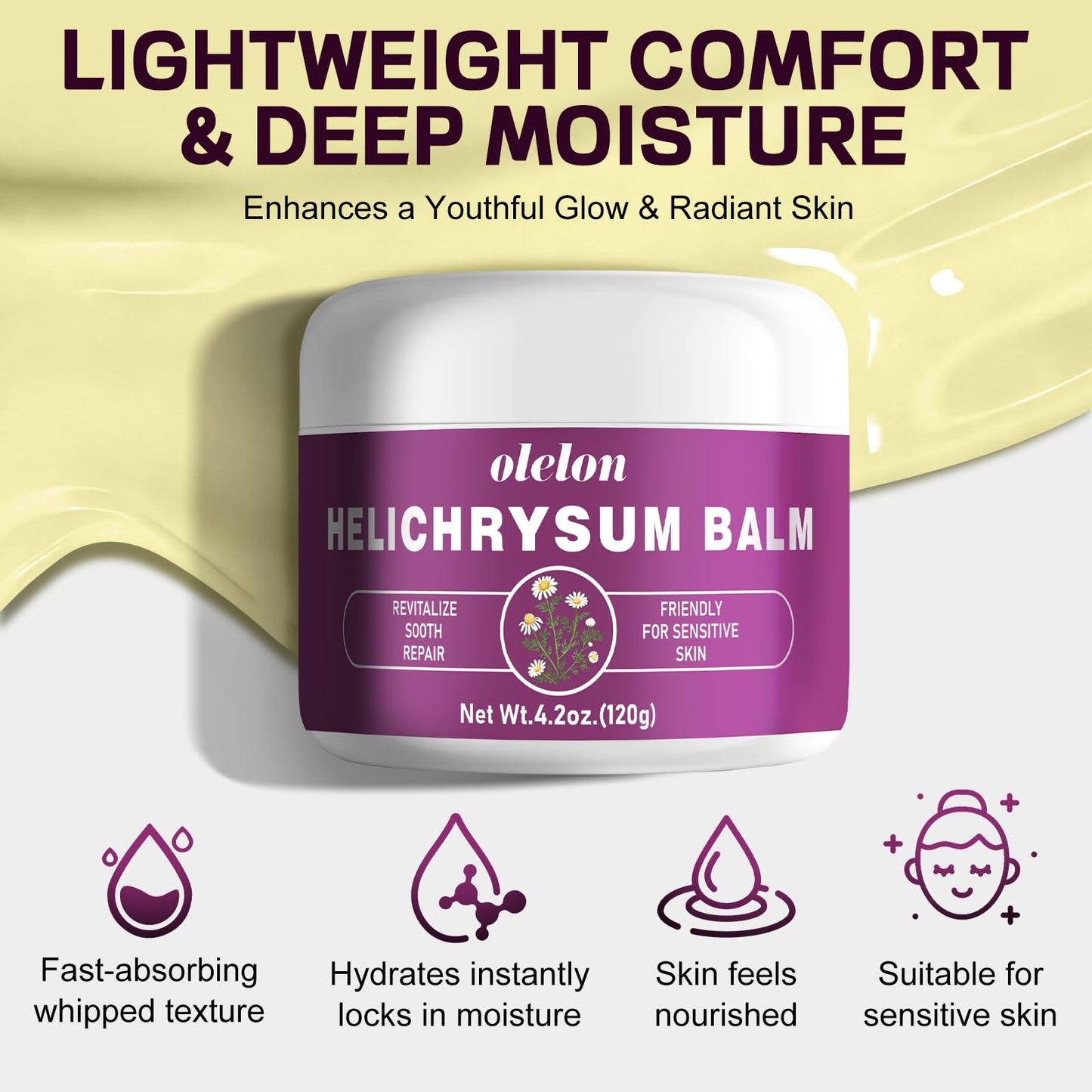 OLELON Helichrysum Balm for Soothes & Repairs – Comforting Care for Thin, Fragile, Bruised & Aging Skin – Deep Restoring for Face and Body – Light Whipped Cream, 4.2 oz