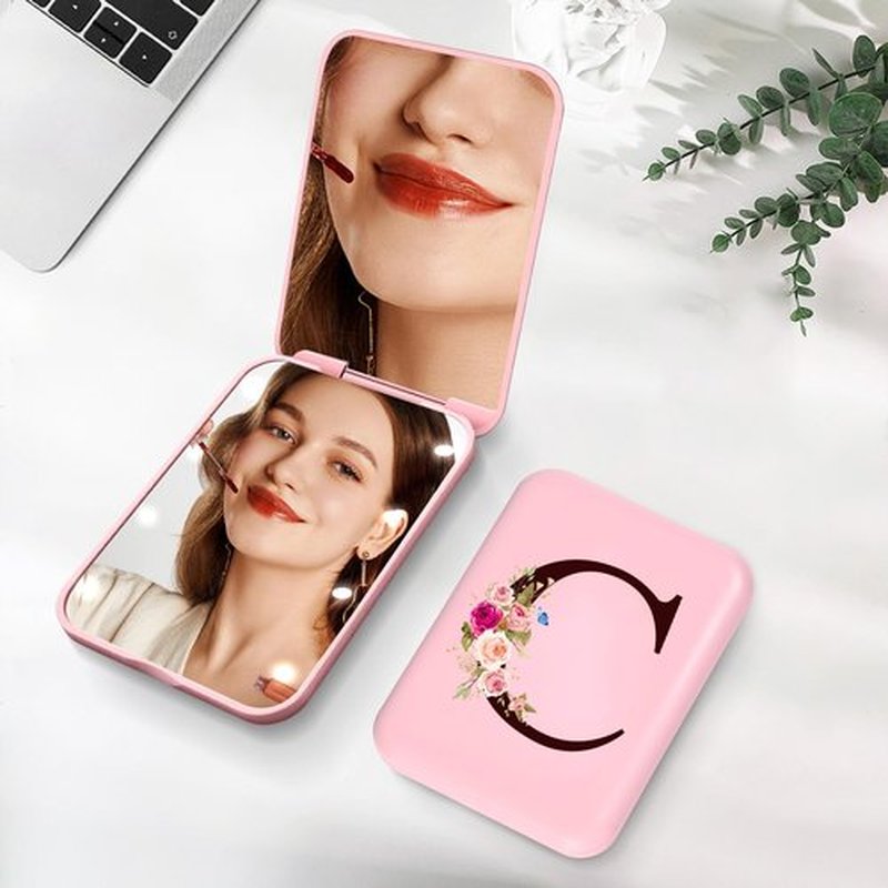 KEWWADB Travel Mirror with Lights, Initials Portable Compact Mirror, Travel Essentials, Suitable for Teen Girls, Young Women Gifts Ideas, Birthdays Gifts(Pink) (C)