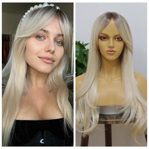 Ash Blonde Synthetic Wig With Bangs Natural Wave Fringe Unit Glueless Wig For Woman Light Brown Roots Scalp Top Full Machine Made Full Wig Platinum Blonde Heat Resistant Fibers Costume Wig Daily Use