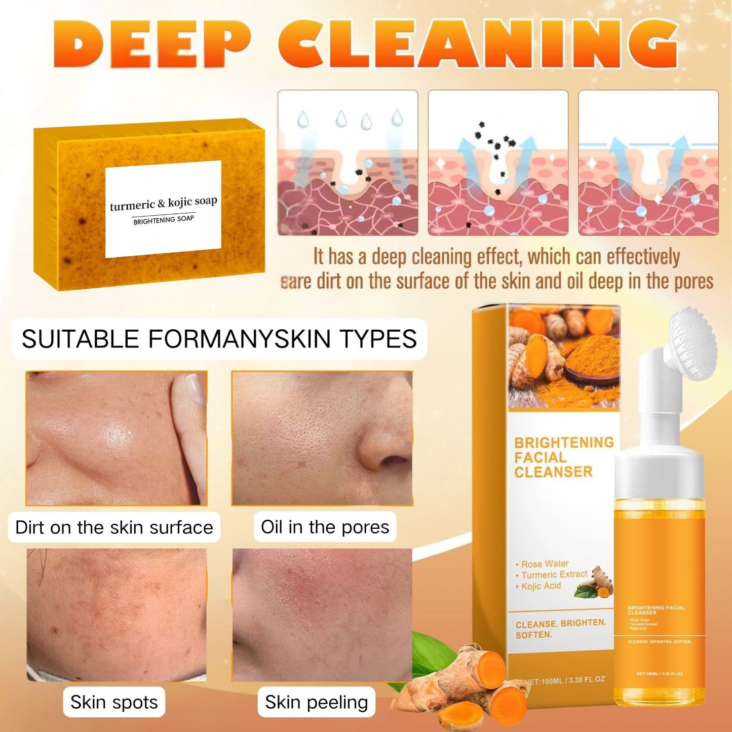 4PCS Turmeric Wash and Cleaning Care Three Piece Kit,Turmeric Trio: Facial Wash, Turmeric Soap Bar & Turmeric Cleansing Exfoliating Pads, Face & Body Cleansing Skincare Set