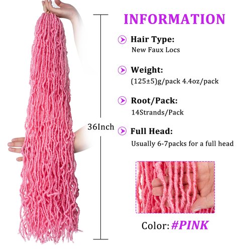 ZRQ Pink 36 Inch New Faux Locs Hair 3Packs Pre-Looped Goddess Locs Curly Wavy Soft Locs Crochet braids Dreadlocs Hair Afro Roots Synthetic Hair Extensions (36 Inch, PINK#)