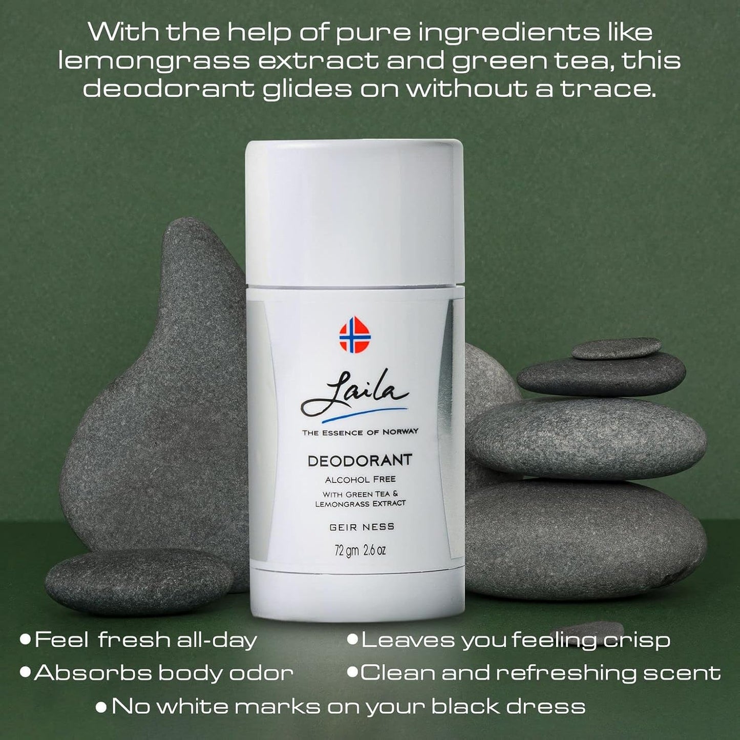 Geir Ness Laila Deodorant - With Green Tea And Lemongrass Extracts - Alcohol And Aluminum Free for Sensitive Skin - Long Lasting Fresh and Clean Scent