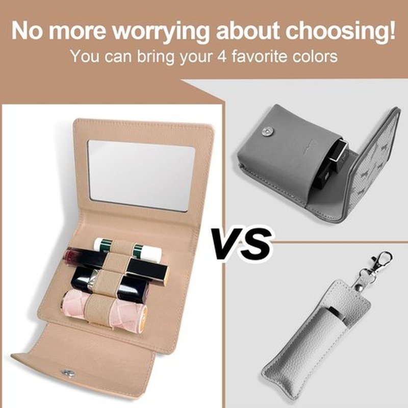 LAOTANGJIA PU Lipstick Case Holder with Mirror,Holds 4pcs of Long Lipsticks,Lipstick Holder,Makeup Travel Cases Organizer Bag for Outside Mini Bag Pouch,for Gift Women