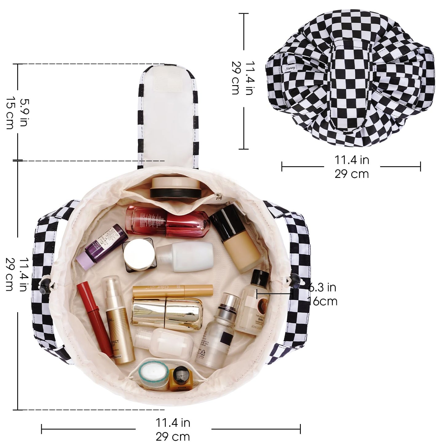 Narwey Barrel Drawstring Checkered Makeup Bag Large Cosmetic Bag Make up Bags Toiletry Bag Travel Bags for Toiletries Organizer for Women Gift for Teen Girls (Black Checkerboard) (Patent)