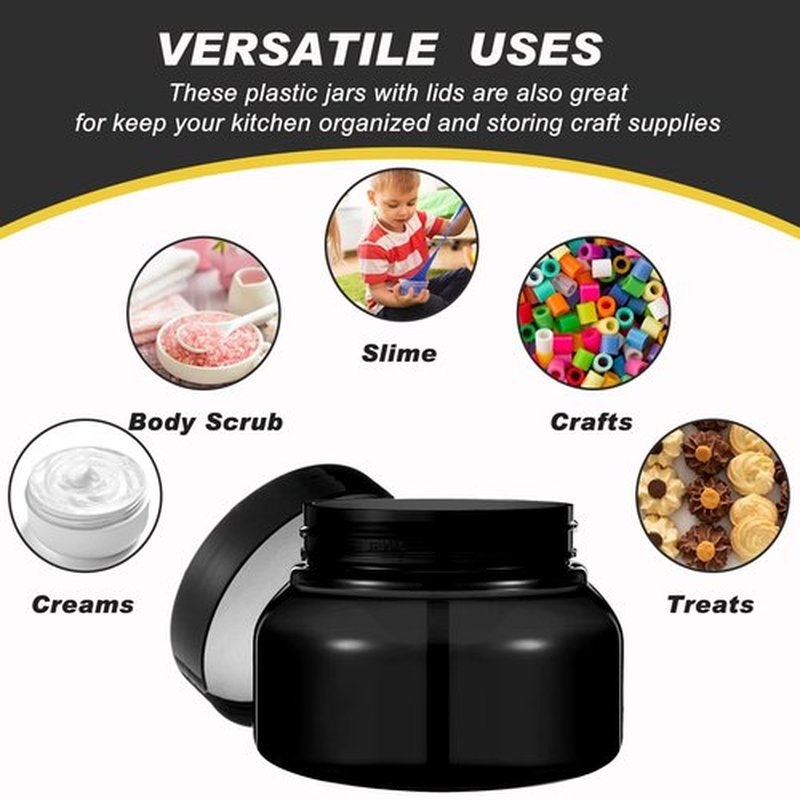 Tessco 24 Pack Plastic Jars with Lids Labels Plastic Containers Round Refillable Cosmetic Containers Empty Body Butter Jars Sugar Scrub Containers for Cosmetics (Black,8 oz)