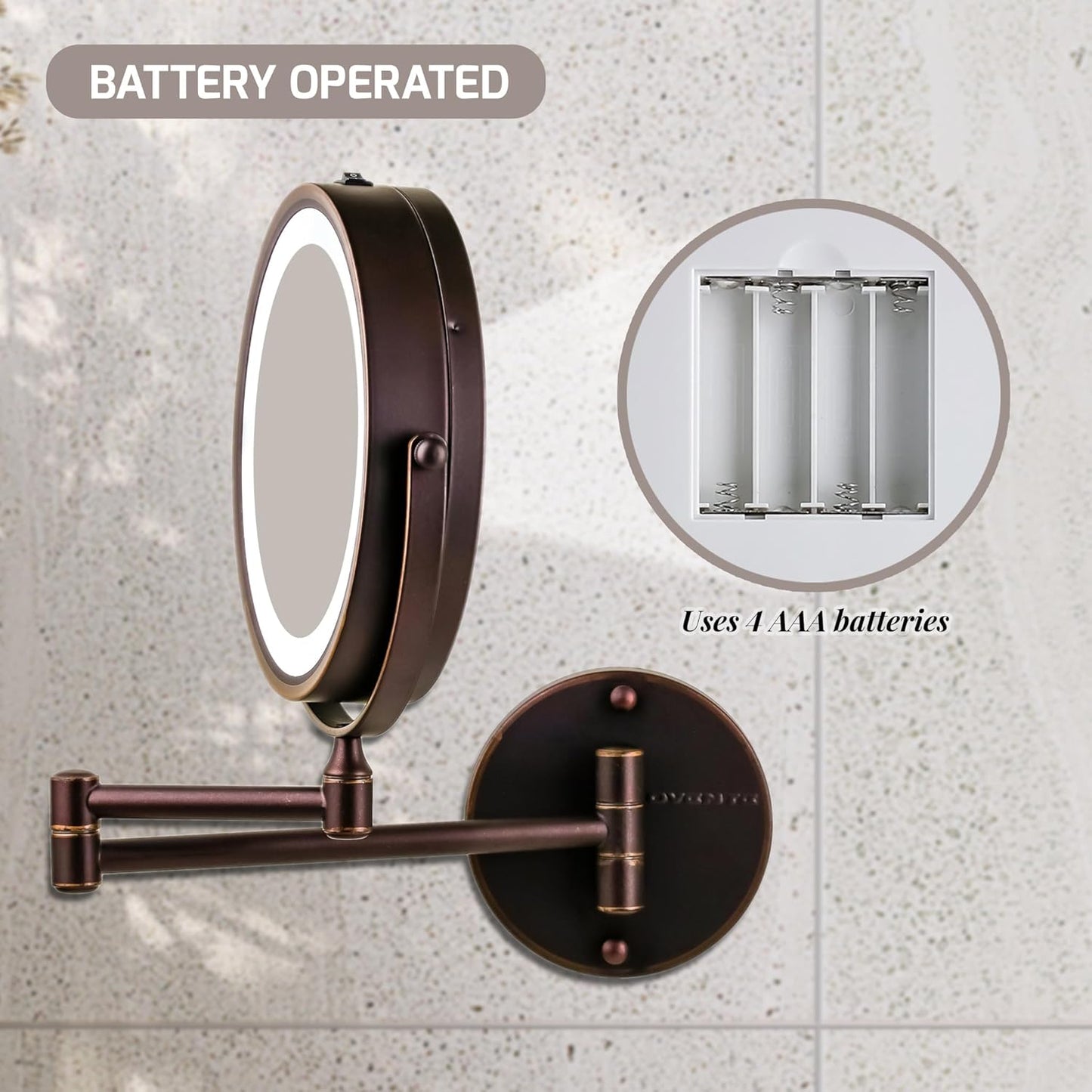OVENTE 7" Lighted Wall Mount Makeup Mirror with 1X/10X Magnification, Cordless Double Sided Magnifying Round Vanity Mirror, 360° Swivel Design, Extendable and Folding Arm, Antique Bronze MFW70ABZ1X10X