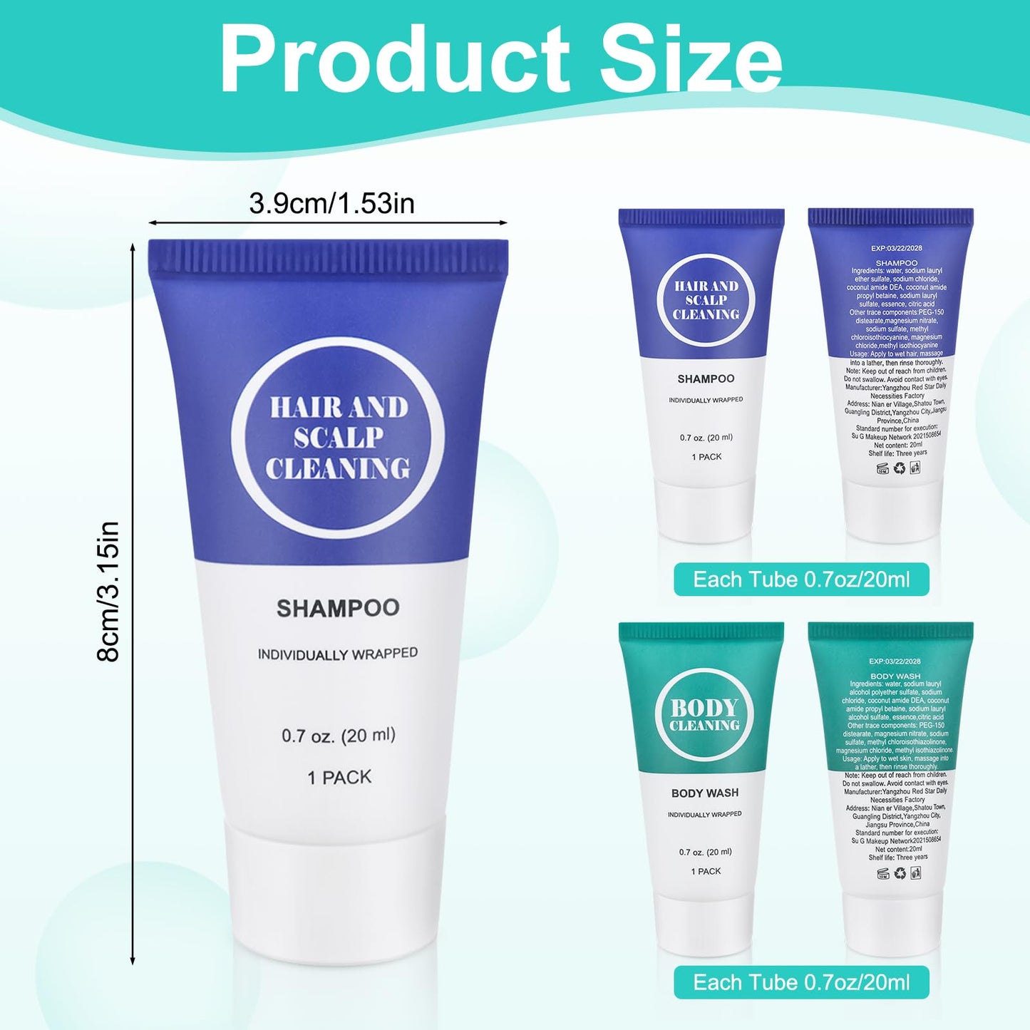 Travel Size Shampoo and Body Wash Set, Small Trial Hair Shampoo Sample Shower Gel Kit Mini Toiletries Amenities Set for Men and Women, Cleansing for Hotel/Vacation/Homeless 0.7 oz/20 ml (20 Pack)
