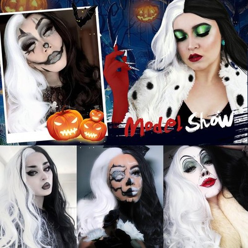 WIGER Half Black Half White Wigs for White Women Long Curly Wavy Wigs for Women Long Black and White Curly Wigs Middle Part Synthetic Wigs for Cosplay Halloween Party Wig
