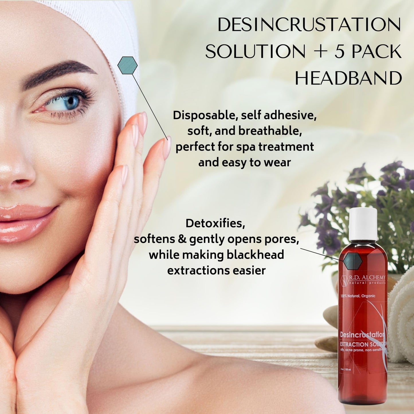 RD Alchemy - Professional Desincrustation Solution - Scaling Fluid Blackhead Remover + 5 Pack Disposable Spa Headbands. Estheticians, Spa & Home Use.