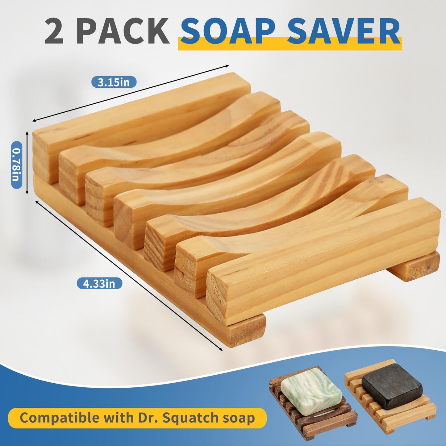 Soap Saver Compatible with Dr. Squatch, Set of 2 Wooden Soap Dish for Shower, with Self Draining, Extend Soap's Life and Keep Dry, Ideal for Bathroom, Bathtub and Shower, Charcoal and Wooden Color