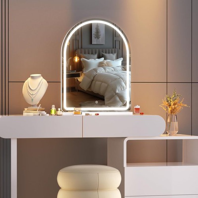 Hasipu Vanity Mirror with Lights and Bluetooth Speaker, 20"× 26" Arched LED Makeup Mirror, Lighted Desktop Makeup Mirror with Lights, Smart Touch Control Dimmable 3 Modes Light White
