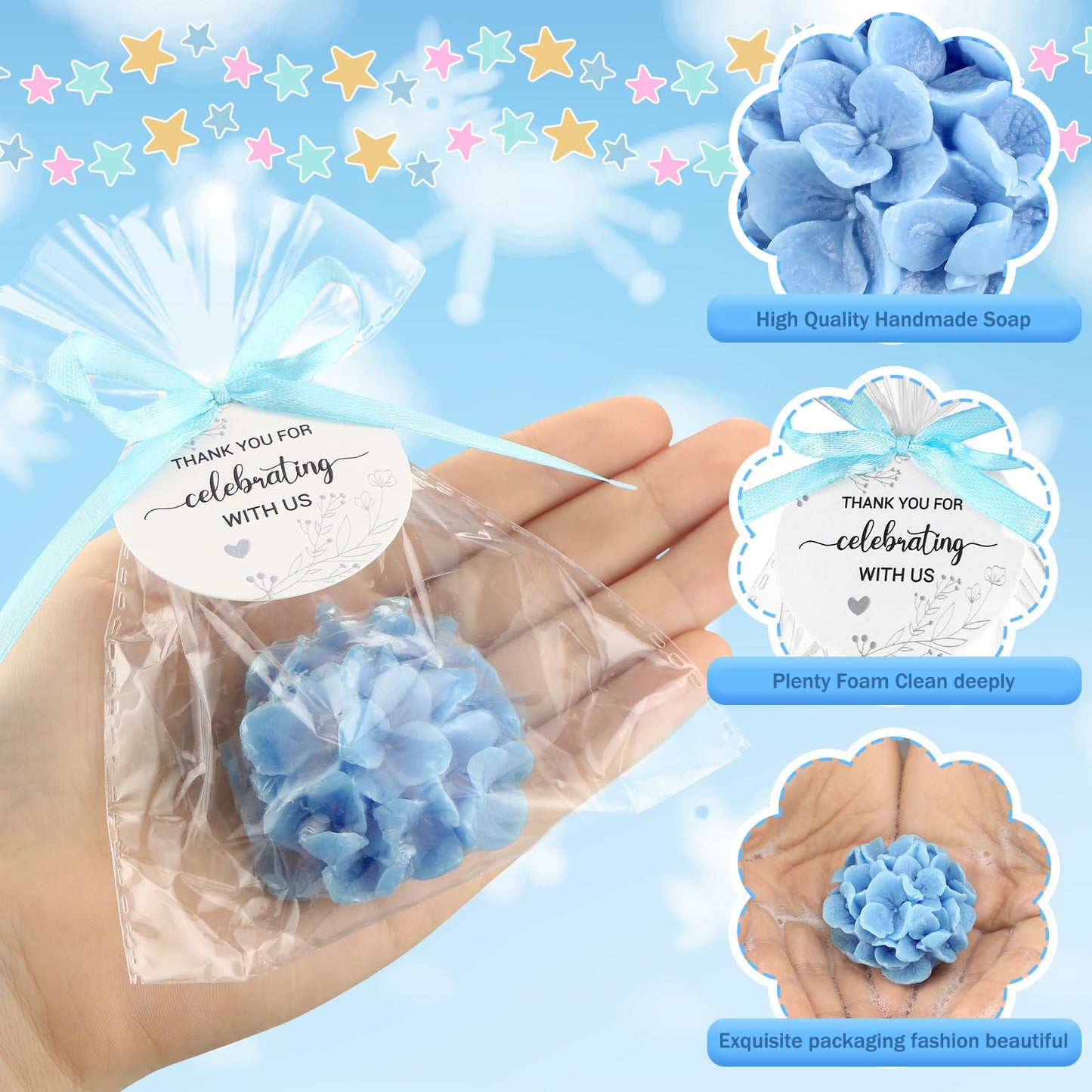 Demissle 20 Pcs Hydrangea Baby Shower Favors Flower Scented Soaps Party Favors Gifts for Guests with Thank You Card for Baby Bridal Shower Wedding Party (Blue)