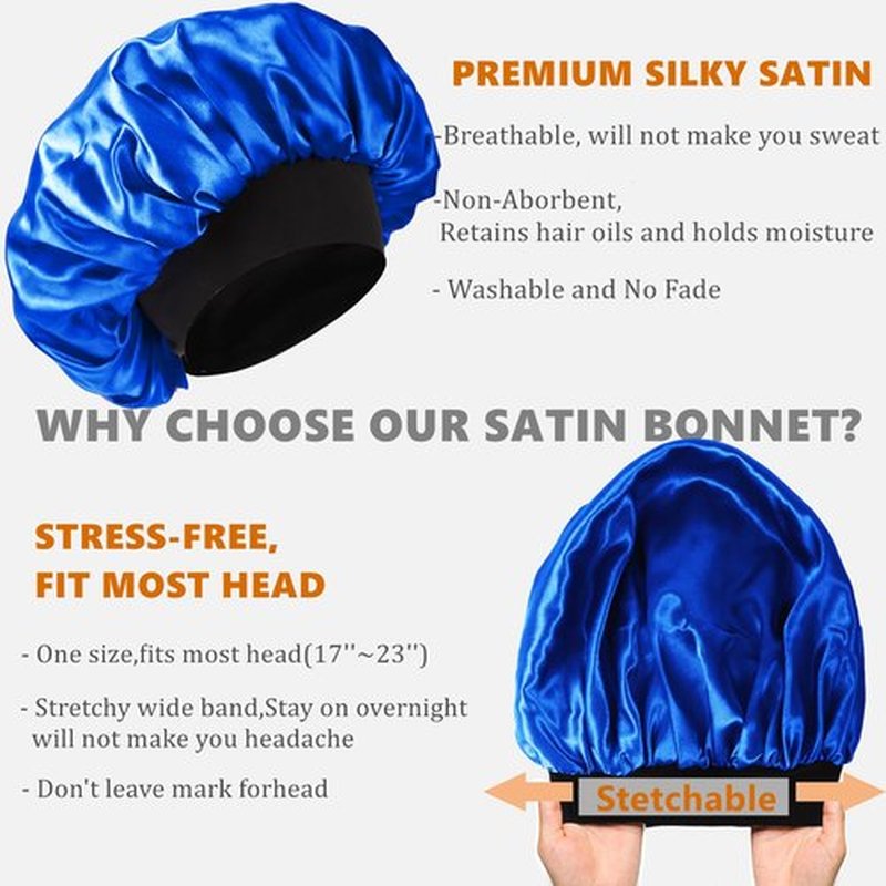 Bonnet for Men,Hair Bonnet for Sleeping,Double Layer Satin Bonnets for Black Women Curly Hair Braids,Reversible Sleep Cap (Large,Black/Royal Blue)