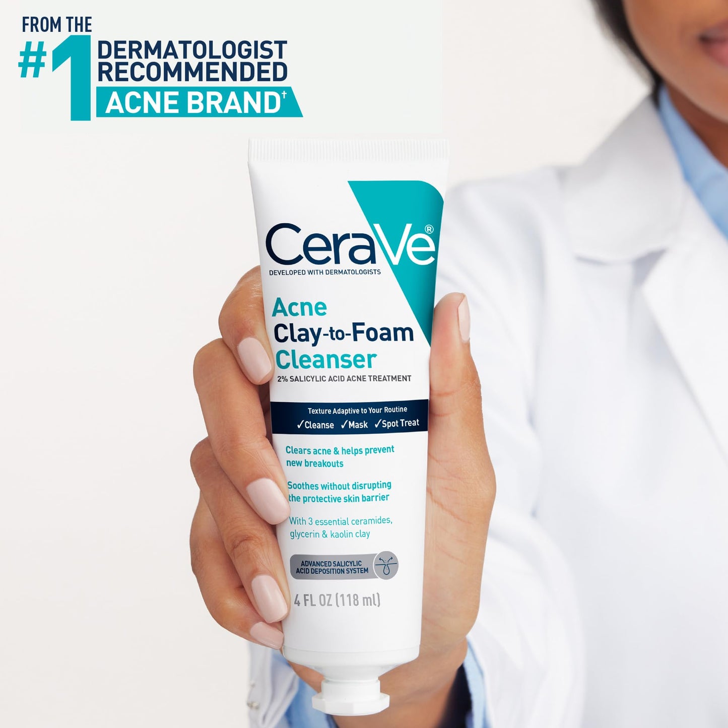 CeraVe Clay To Foam Acne Face Wash,Salicylic Acid & Kaolin Clay Acne Spot Treatment Clears Pimples & Blackheads, Prevents Breakouts, Hydrates & Soothes, Fragrance-Free, Non-Comedogenic,4oz,(Pack of 2)