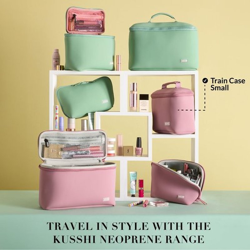 KUSSHI Neoprene Train Case Makeup Bag - Washable Makeup Travel Bag & Vanity Case for Stress Free Travel (Small, Mauve/Stone)