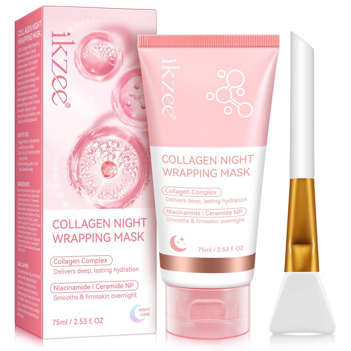 IKZEE Collagen Night Wrapping Mask, Overnight Peel Off Facial Mask with Hydrolyzed Collagen for Hydrated, Plumped & Smooth Skin