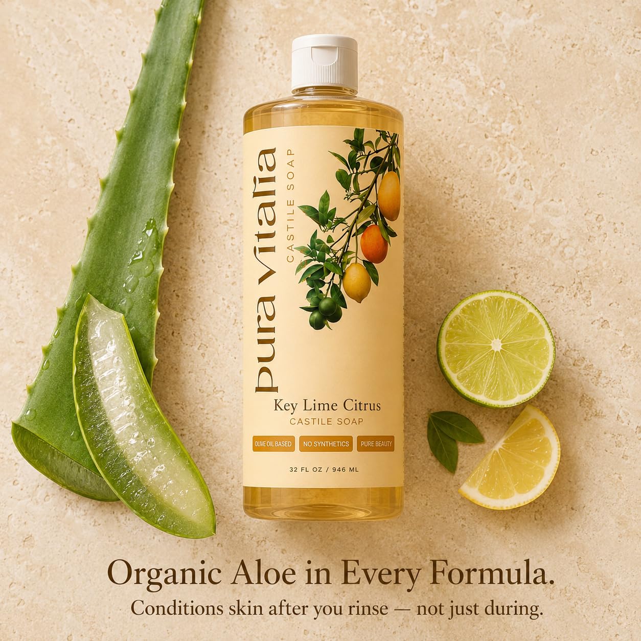 Pura Vitalia Key Lime Citrus Castile Soap Body Wash | With Organic Aloe & 4 Mediterranean Citrus Oils | No SLS, Parabens or Synthetic Fragrance | Ancient Mediterranean Formula | 32 oz
