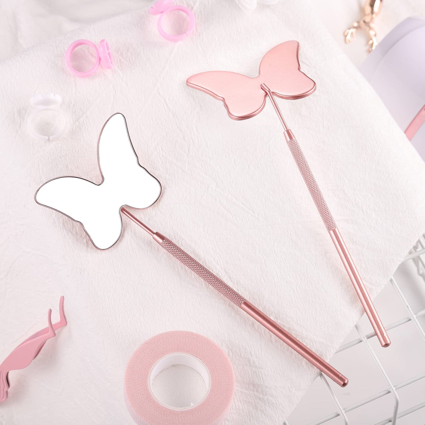 Miuffue Cute Butterfly Lash Mirror, Stainless Steel Detachable Eyelash Makeup Mirror, Lash Extension Supplies, Pink