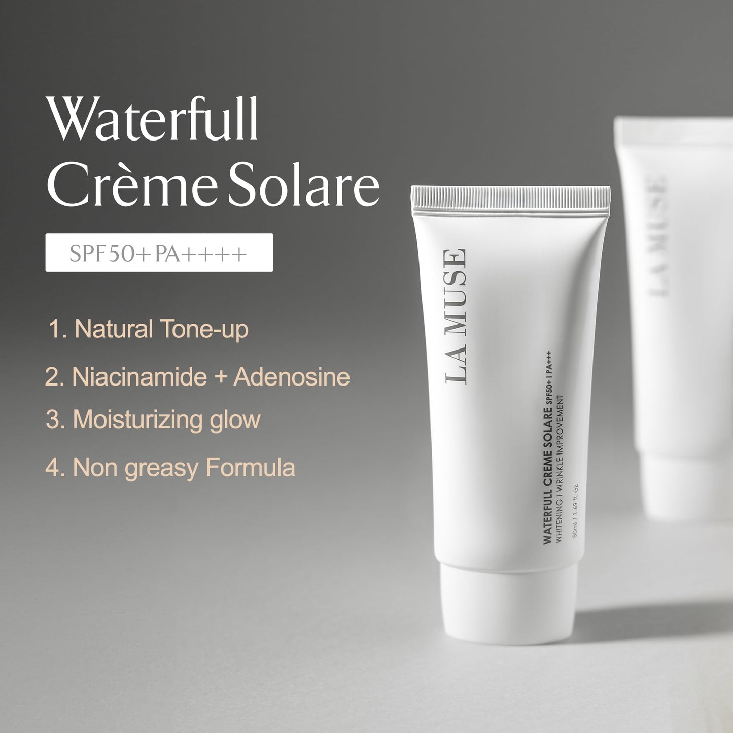 LA MUSE Waterfull Crème Solare 1.69 fl oz - Natural Tone-Up & Hydrating Glow | Non-Greasy Formula for All Skin Tones | Moisturizes, and Protects Skin with a Dewy, Radiant Finish for a Fresh Look