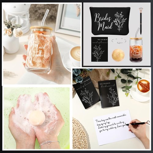 Skybooly 18 Pcs Bridesmaid Proposal Gifts Maid of Honor Gifts Including Brides Maid Glass Cup Makeup Bag Diamond Pen Bracelet Invited Cards for Wedding Party Favors(Black)