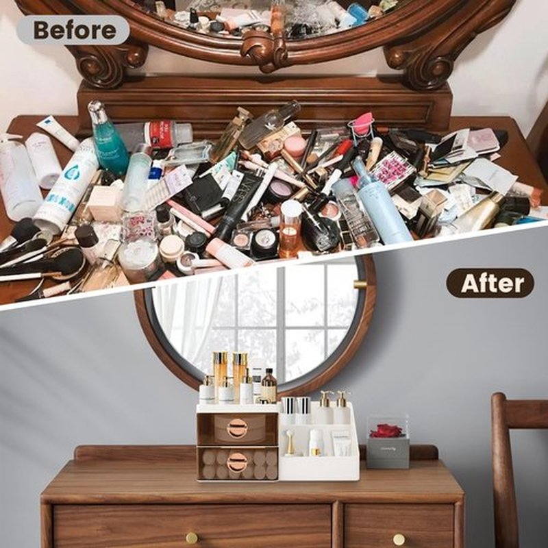 Makeup Organizer with Clear Drawers,Plastic Skincare Organizers for Vanity,Large Capacity Makeup Organizer Countertop for Cosmetics, Skincare,Office Stationery (Brown Drawer)