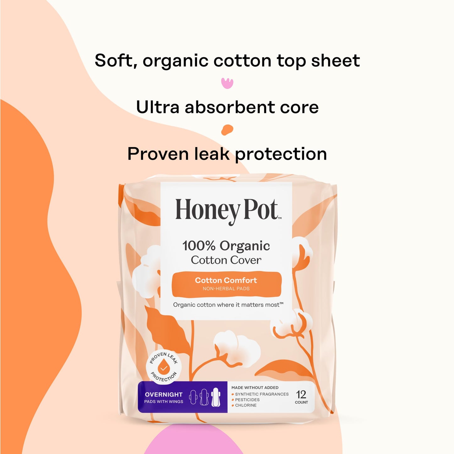 The Honey Pot Company - 48ct - Sanitary Pads for Women - Non-Herbal Overnight w/Wings - Organic Cotton Cover & Ultra-Absorbent Pulp Core - Feminine Care