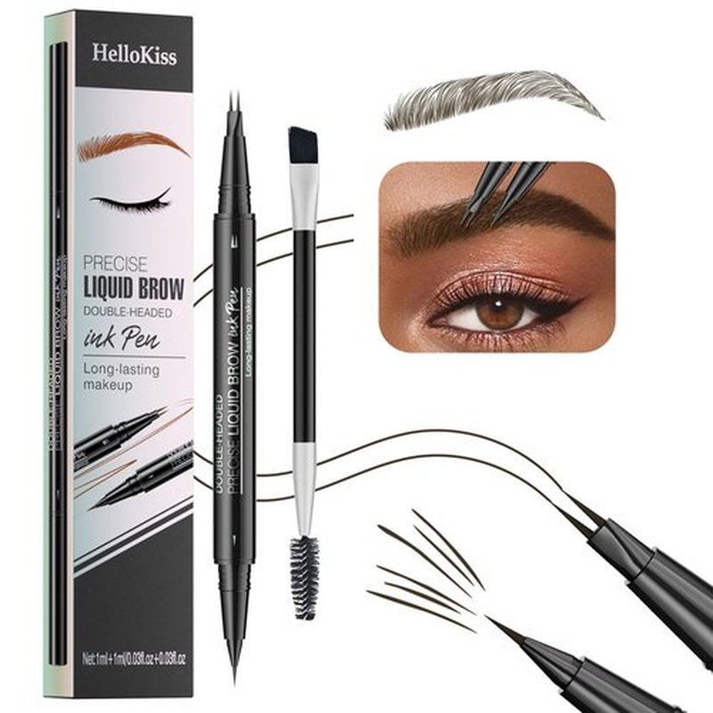 Hello Kiss Microblading Eyebrow Pen, Hello Kiss Liquid Eyebrow Pen, Curved Eyebrow Pen, Trailott Eyebrow Pen, Hellokiss Microblading Eyebrow Pen, Magical Curved Brow Pen (Black Brown)