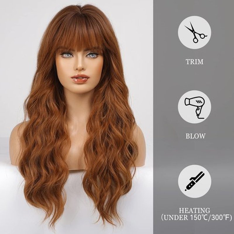 HAIRCUBE Ombre Auburn Wig with Bangs Long Curly Wig with Bangs orange wig Natural Appearance Heat-Resistant Synthetic Wig Suitable for Fashionable Women
