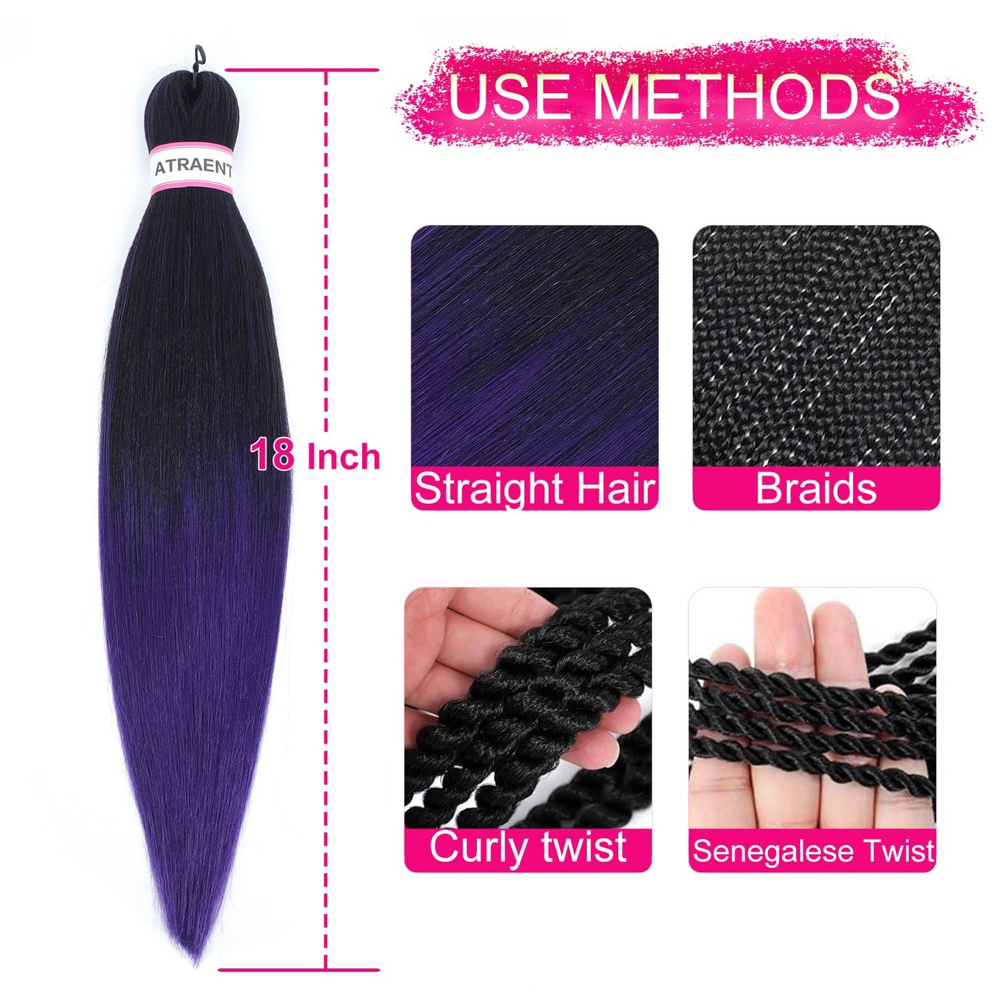 ATRAENTE Braiding Hair Pre Stretched,18 Inch 8 Packs Ombre Braiding Hair for Boho Box Braids Yaki Texture Hot Water Setting Soft And Light