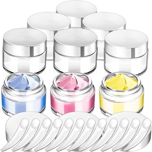 MotBach 6 Pack 1 oz Glass Jars with Lids 60ml Mini Round Clear Glass Jars with Inner Liners and Spatulas, Travel Size Containers Jars for Toiletries Creams Makeup Cosmetic Sample Lotion (White Lid)
