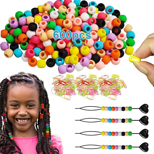 GENLEAS 10 Color Silicone Hair Beads for Hair Braids for Girl with Elastic Rubber Band Threaders Kit, Soft Pony Beads Bulk for Hair Jewelry Making (10 Color-600pcs)