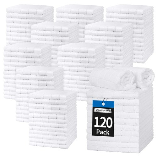 HOMERHYME Hand Towels, 120 Pack 25''*15'' White Microfiber Kitchen Bathroom Hand Towels, All-Purpose Quick Dry Lint Free Soft Absorbent Bulk Checkered Washcloth Bath Towels for Travel Gym Hotel