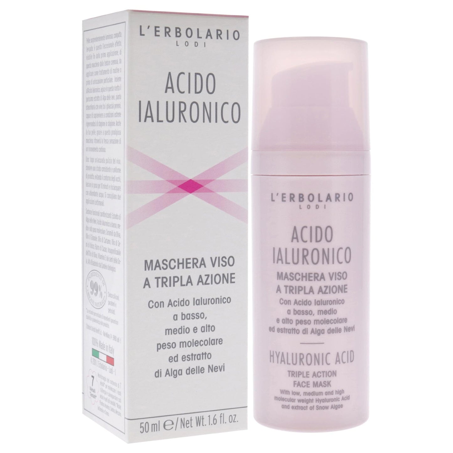 L'Erbolario Hyaluronic Acid Triple Action Face Mask - Creamy Texture Treatment - Leaves Skin Compact, Moisturized And Surprisingly Radiant - With Hyaluronic Acid And Extract Of Snow Algae - 1.6 Oz