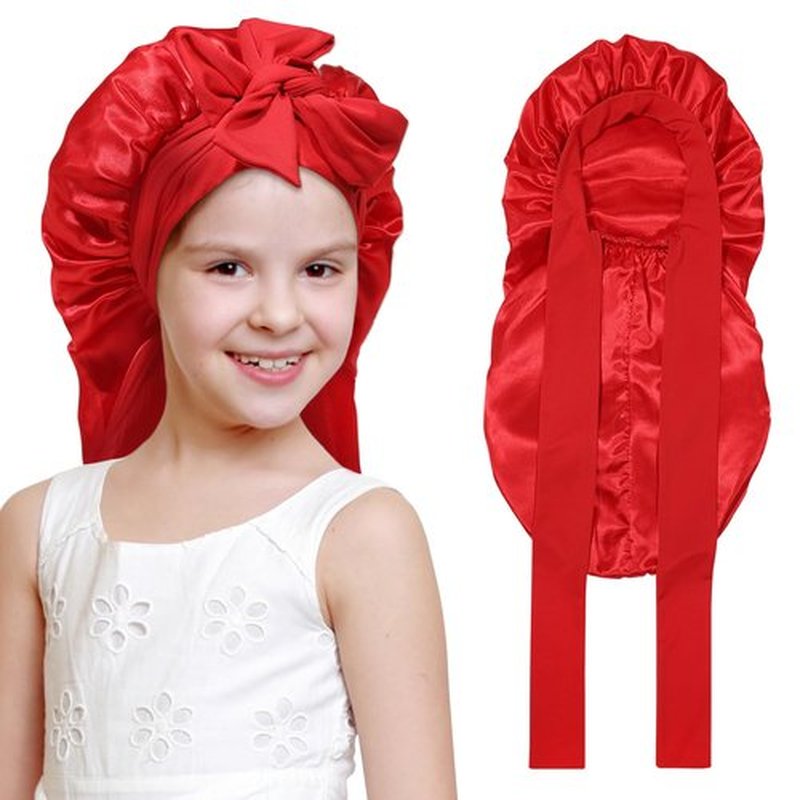 Kids Long Hair Bonnet for Sleeping - Double Layer Girls Elastic Satin Bonnet with Tie Band for Braid Curly Hair (Red)